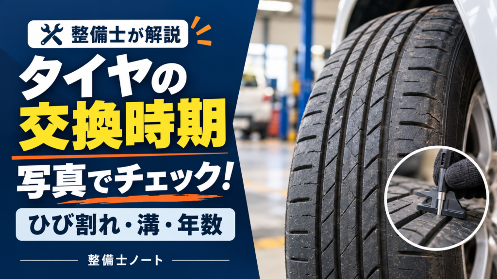 タイヤの交換時期をひび割れ・溝・年数から確認する記事のアイキャッチ。タイヤと残り溝の測定イメージ。