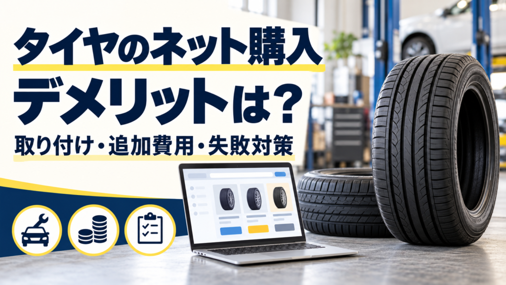 タイヤと通販画面を表示したパソコンを背景に、ネット購入のデメリットや取り付け・追加費用の注意点を紹介する画像