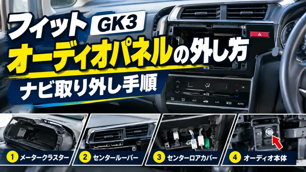 フィットGK3のオーディオパネルとナビの外し方を解説。メータークラスター、センタールーバー、ロアカバーの取り外し手順