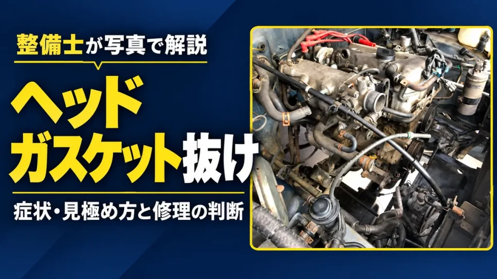 ヘッドガスケット抜けの症状・見極め方と修理の判断を、エンジン整備の写真とともに紹介するアイキャッチ