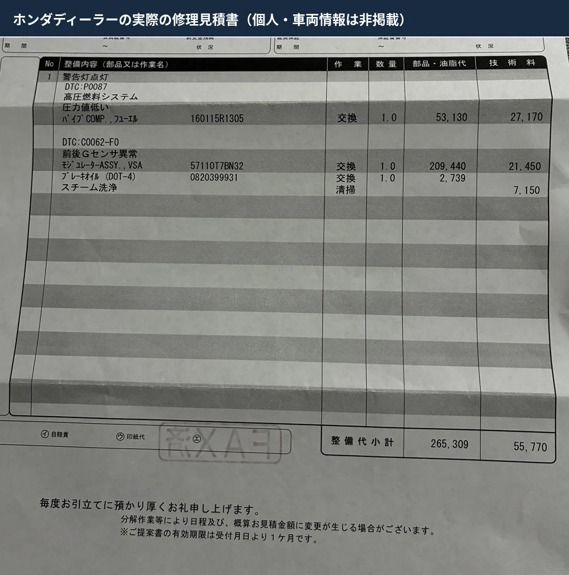 ホンダディーラーで提示されたヴェゼルRU3の修理見積書。個人情報と車両識別情報を除去済み